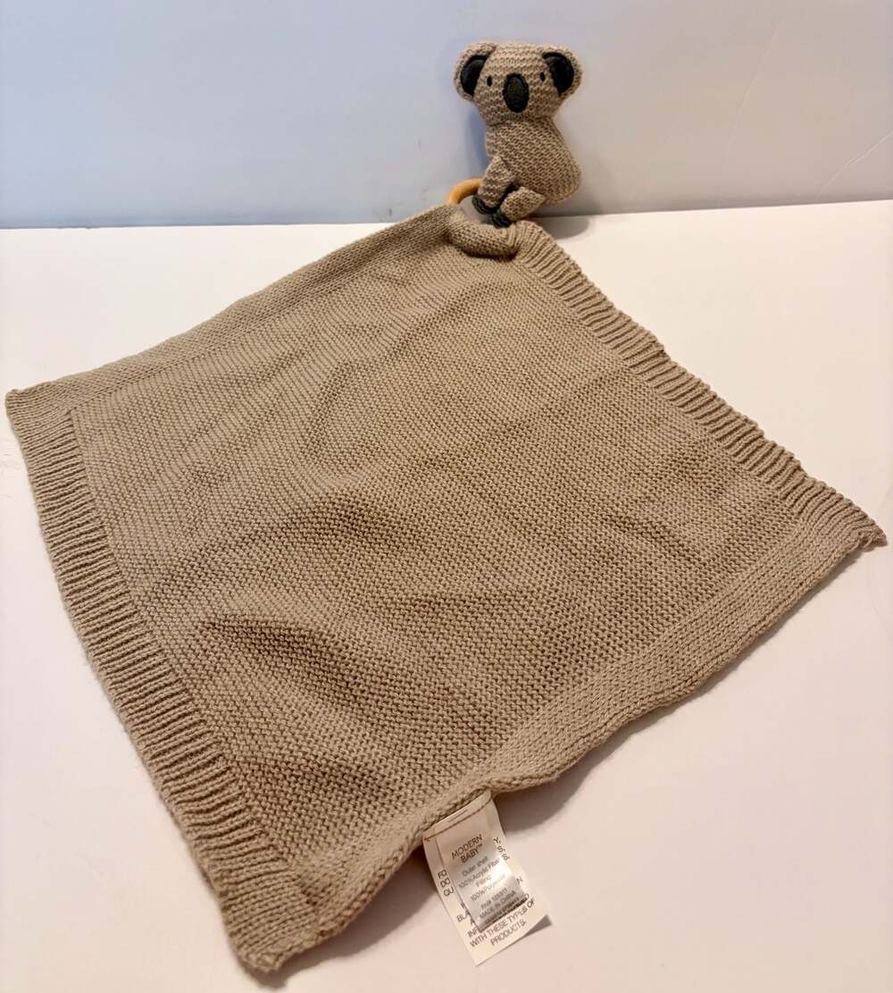 Modern Baby Tan Knit Security Blanket with Koala Wooden Teether Ring